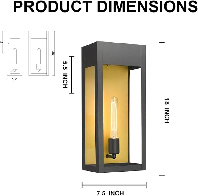 LEDMyplace Outdoor Sconce Light - 60W Dimmable Black Outdoor Wall Sconce with Clear Glass Panels - E26 Socket, 680 Lumens, High CRI, IP65, ETL Listed, Modern Exterior Light Fixture (18" H x 7.5" W)