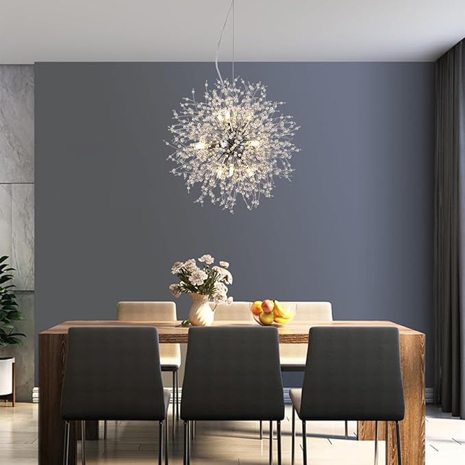 Modern Dandelion Chrome Chandelier, 9 Lights Firework Crystal Chandeliers for Entryway, Sputnik Crystal Pendant Ceiling Light Fixture for Hallway, Dining Room
