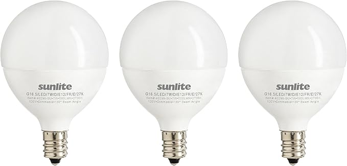 Sunlite G16.5 Light Bulb LED, 7 Watts (60W Equiv.), 500 Lumens, Dimmable, Type G Globe Shape E12 Candelabra Base, Short Bulbs, Vanity Mirror Bulbs, 2700K Soft White, Frosted, 3 Count