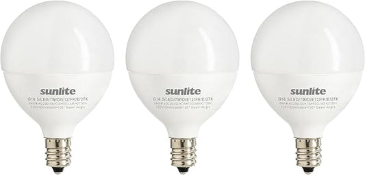 Sunlite G16.5 Light Bulb LED, 7 Watts (60W Equiv.), 500 Lumens, Dimmable, Type G Globe Shape E12 Candelabra Base, Short Bulbs, Vanity Mirror Bulbs, 2700K Soft White, Frosted, 3 Count