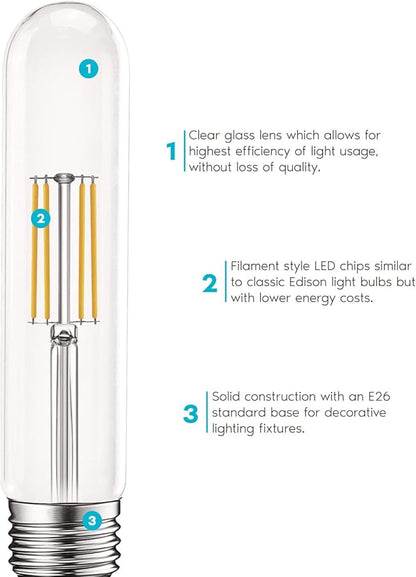 LUXRITE Vintage T9 LED Tube Light Bulbs 60W Equivalent, 3000K Soft White, 550 Lumens, Dimmable Edison Tubular Light Bulbs 5W, Clear Glass, LED Filament Bulb, UL Listed, E26 Standard Base (4 Pack)