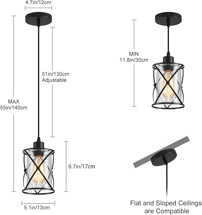 3 Lights Industrial Pendant Light with Glass Shade Matte Black Pendant Lighting Adjustable Industrial Retro Style Hanging Light,Kitchen Island Farmhouse Pendant Lights Fixtures for Kitchen,Farmhouse