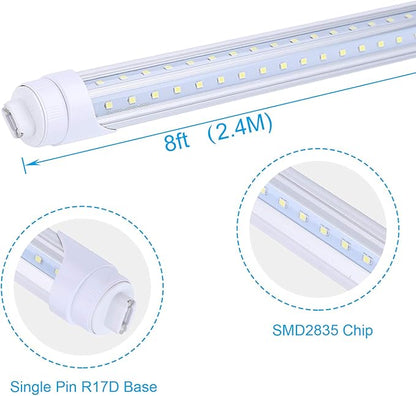 R17d 8FT LED Tube Light Bulbs 65W，270 Degree V Shaped LED Chip Bulbs,T8 6000K Cool White,Clear Cover,85V-265V, Dual-Ended Powered, Rotatable HO Base (Pack of 25)
