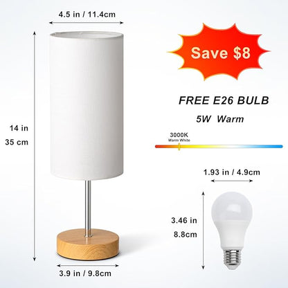 Small Table Lamp for Night Stands, Round White Fabric Shade and Wood Base, Modern Minimalist Bedside Lamps for Bedroom Dresser, Living Room, Dffice Desk, College Rorm, Warm Light, 5W LED Bulb Included