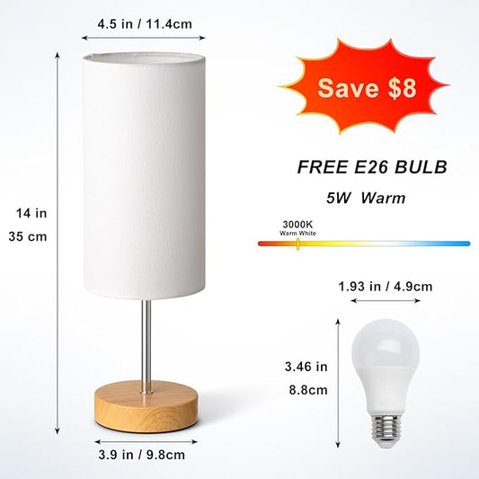 Small Table Lamp for Night Stands, Round White Fabric Shade and Wood Base, Modern Minimalist Bedside Lamps for Bedroom Dresser, Living Room, Dffice Desk, College Rorm, Warm Light, 5W LED Bulb Included