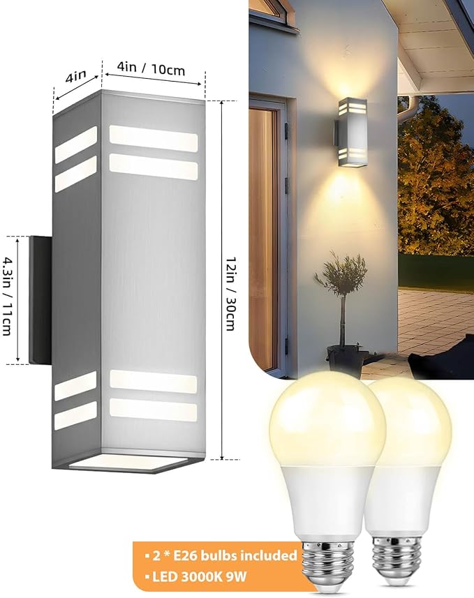 SHIMR Dusk to Dawn Outdoor Wall Light, Up Down Stainless Steel Exterior Wall Sconce with Photocell Sensor, 3000K Warm LED Bulbs Included, Waterproof Modern Outdoor Lights for House Garage Porch Patio