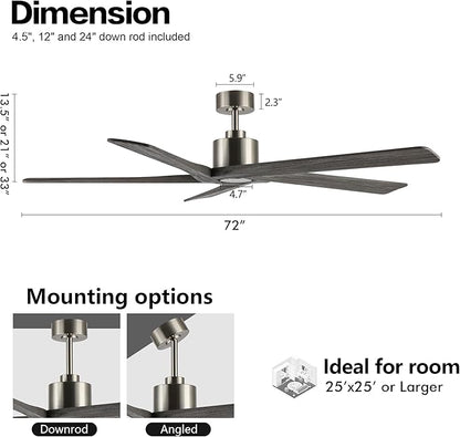 WINGBO 72 Inch DC Ceiling Fan No Light with 3 Downrods, 5 Reversible Carved Solid Wood Blades, 6-Speed Noiseless DC Motor, Large Ceiling Fan without Lights in Brushed Nickel Finish with Gray Blades