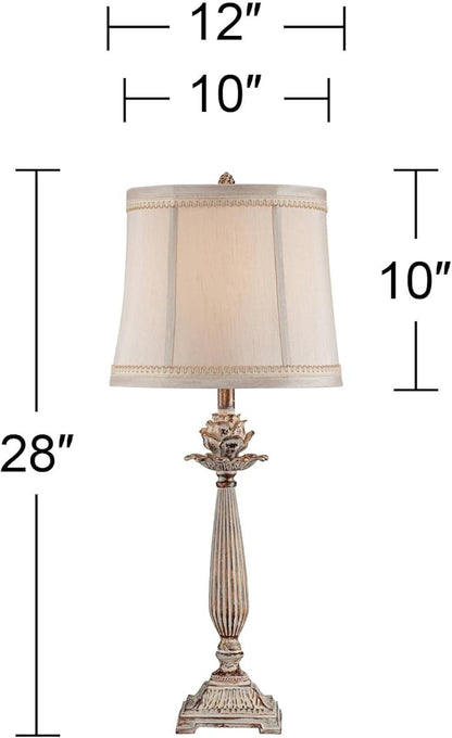 Regency Hill Shabby Chic French Country Cottage Table Lamp 28" Tall Antique White Washed Petite Artichoke Font Beige Fabric Bell Shade for Living Room Bedroom House Bedside Nightstand Home