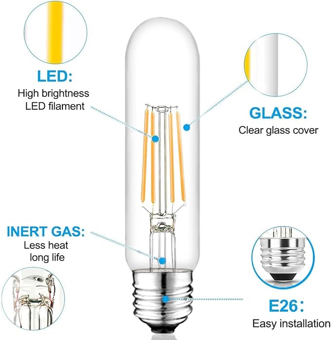 5 Inch Edison Bulb, 5000K Daylight White E26 Bulb 6W Dimmable, 800LM T10 T9 Clear Glass Tubular Light Bulbs, AC 120V Equal 80 Watt Bulbs for Chandelier Pendant Wall Light - 6Pack