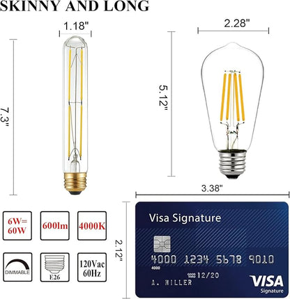 Arberlic 7.3 Inch T10 LED Bulb,6W E26 LED Bulb dimmable Equivalent E26 Bulb 60 watt,Neutral White 4000K,600lm,CRI85+,AC120V,Clear Glass Long Tubular Light Bulb,Flicker-Free,Pack of 6
