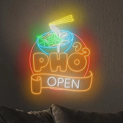 Open Pho Neon Sign, 25"Pho Bowl Led Neon Light, Vietnam Pho Food Neon Kitchen Wall Art, Vietnamese Restaurant Wall Décor