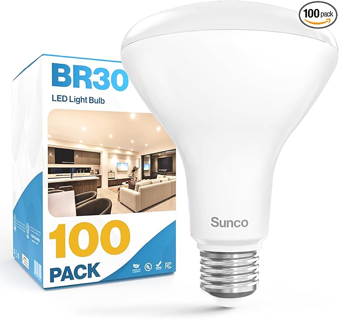 Sunco 100 Pack BR30 Light Bulbs LED, Recessed Can Light Bulbs, Indoor Flood Bulb, 850 LM, 11W (65W Equivalent), 6000K Daylight Deluxe, Dimmable, E26 Base, for Home, Kitchen, Bedroom UL.