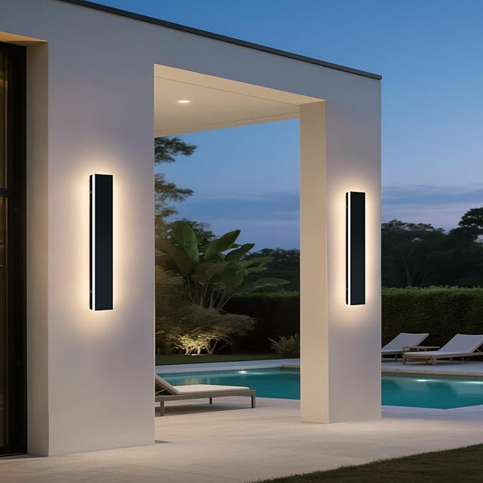 Upgrade Widened 2 Pack Modern LED Wall Sconce, 23.6inch Outdoor Exterior Wall Light, 3000K Warm White, 24W, IP65 Waterproof, Black Outside Long Linear Patio Lighting for House, Garage, Yard