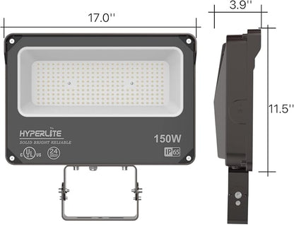 HYPERLITE LED Flood Light 150W 2 Pack 18000LM 5000K Daylight IP65 Waterproof Outdoor Floodlights UL Certified for Court,Garden,Warehouse