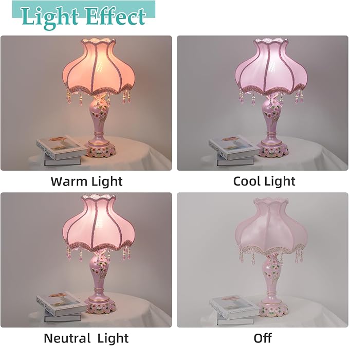 Cute Table Lamp with Fabric Lampshade, Antique Flower Decorative Bedside Desk Nightstand Lamp, Handmade Night Light for Bedroom Living Room (Pink)