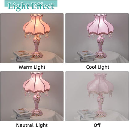 Cute Table Lamp with Fabric Lampshade, Antique Flower Decorative Bedside Desk Nightstand Lamp, Handmade Night Light for Bedroom Living Room (Pink)