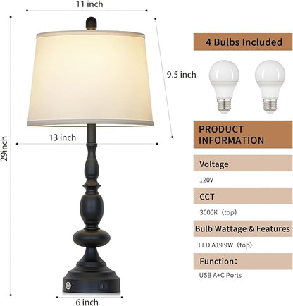 29" Black Modern Table Lamps Set of 2, Industrial Touch Control 3-Way Dimmable Bedside Lamp with USB C+A Ports, Metal Nightstand Lamps for Living Room Bedroom Office Home(2 LED Bulbs Included)