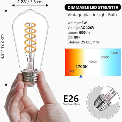 E26 Dimmable Spiral LED Bulb, Soft White 2700K, ST58/ST19 Antique LED Filament Bulbs with 80+ CRI, 600 LM, 6W Equivalent to 60W, Antique Plastic Style for Home, Bedroom, Farmhouse,12 PCS