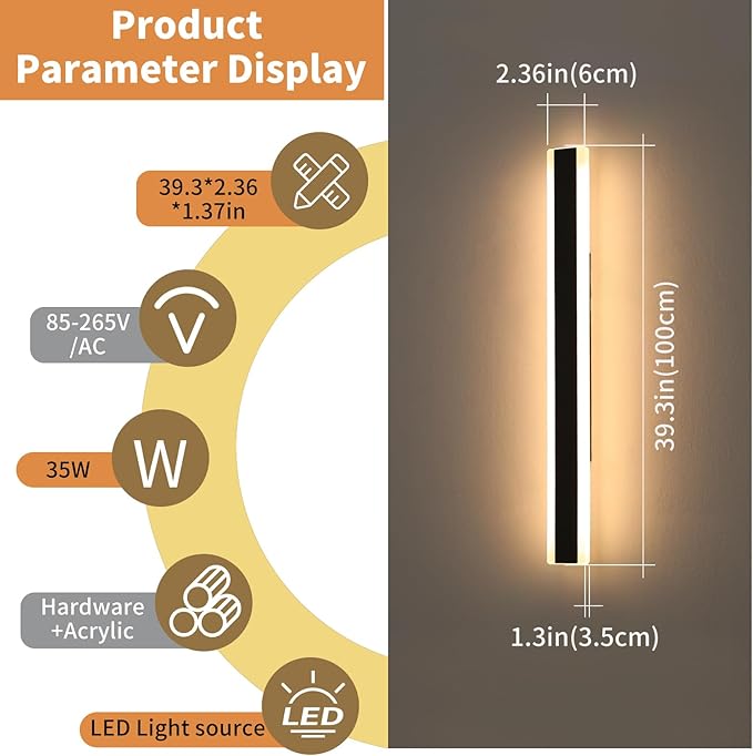 39inch Modern Exterior Lights for House, Outdoor LED Wall Sconces, 3 Color 3000K/4500K/6000K, IP65 Waterproof, Black Long Porch Wall Mount Lighting for Patio, Yard, Garage