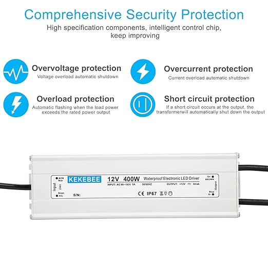 LED Driver 12V400W Waterproof Power Transformer 90-130V AC to DC 12V33.3A Switching Power Supply IP67 with 3-pin Plug Suitable for Indoor and Outdoor LED Lighting and Any 12V DC LED