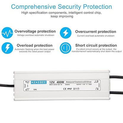 LED Driver 12V400W Waterproof Power Transformer 90-130V AC to DC 12V33.3A Switching Power Supply IP67 with 3-pin Plug Suitable for Indoor and Outdoor LED Lighting and Any 12V DC LED