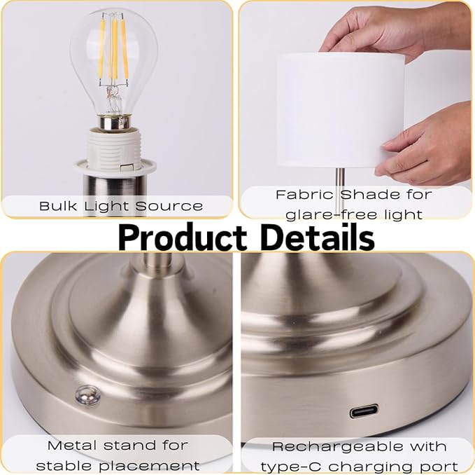 Rechargeable Table Lamp, Cordless Touch Lamps, Portable Desk Light with Stepless Dimmable Brightness & Fabric Shade for Nightstand Bedside Living Room (Silver, Straight)