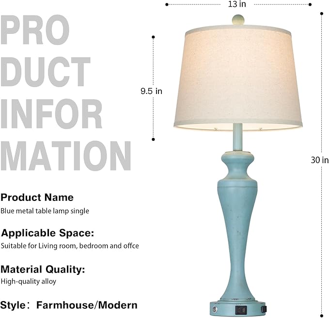 30" Blue Table Lamps Set of 2, Touch Control Coastal Living Room Lamp with USB A+C Ports and AC Outlet, 3-Way Bedside Lamps for Nightstand, Vintage Farmhouse Bedroom Lamp, 2 Bulbs Included