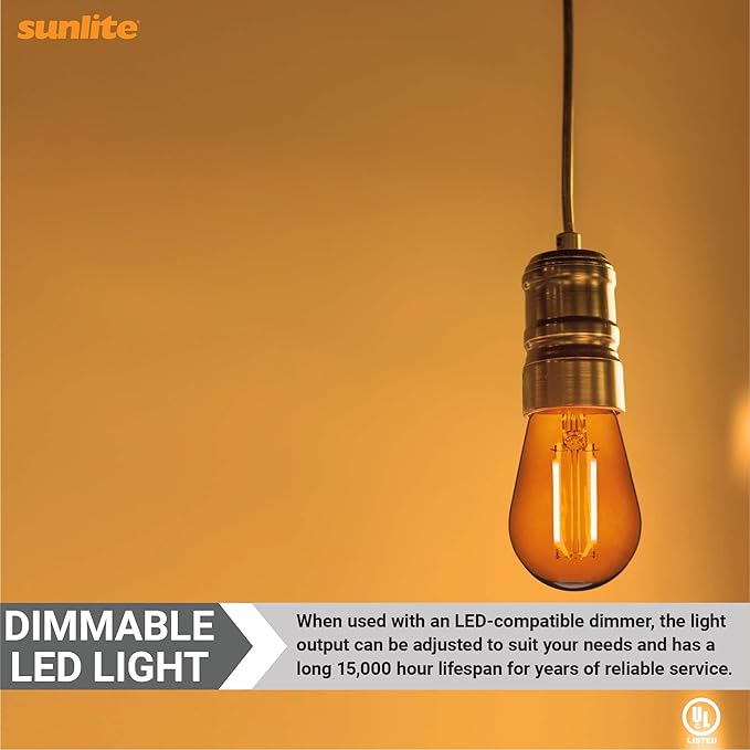 Sunlite LED S14 String Light Bulb, 2 Watts (25W Equivalent), Medium E26 Base, Party Decoration, Holiday Lighting, Transparent, Dimmable, UL Listed, Orange, 6 Count