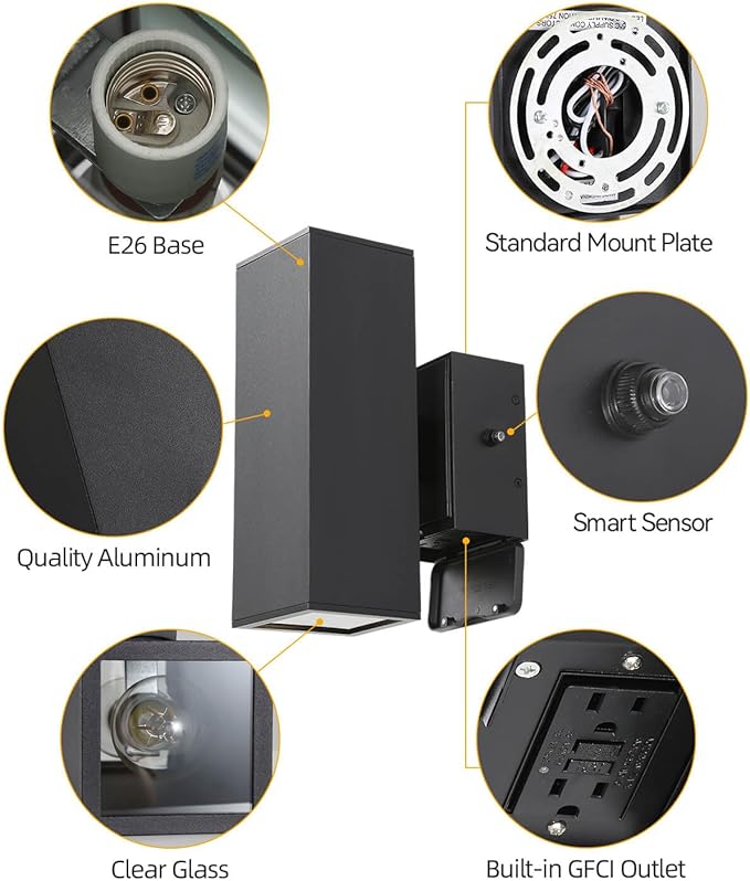 RAYVO Porch Light with Outlet Dusk to Dawn Outdoor Light Fixture Wall Mount with Matte Black Finish, Square Up and Down Lights Outdoor Sconce Aluminum Outside Lights for House Porch Garage Patio