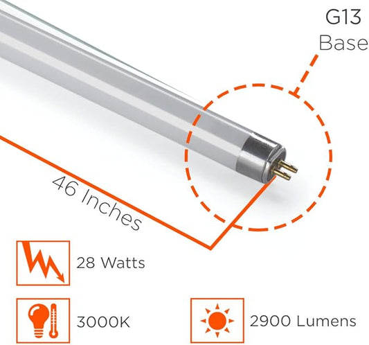 GoodBulb 28-Watt 46 Inch T5 Fluorescent Light Bulb 3000K Warm White Color Medium Bi-Pin Base 2900 Lumens 85 CRI 36000 Life Hours Instant/Programmed Start Pack of 40 Bulbs