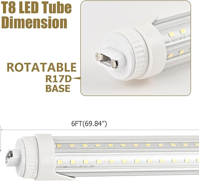 12 Pack 6FT T8 LED Tube Light Bulbs 40W R17d Ho Cap 6000K Cool White with Ultra Bright Dual-Row LEDs for 6 Foot T10 T12 Fluorescent Replacement