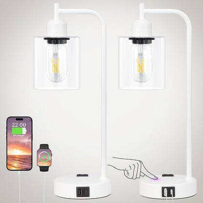 Innqoo Industrial White Table Lamps for Bedrooms Set of 2-3-Way Dimmable Desk Lamp with USB C+A Ports and Outlet, White Lamps with Clear Glass Shade for Living Room