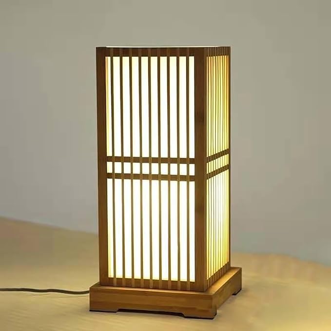 Japanese Table Lamp Handmade Bamboo Table Lamps Lantern Shade Natural Wooden Base Eye-Caring Bedroom Bedside nightstand Light Vintage Modern Table lamp Study Room Desk Lamp Reading Lamp
