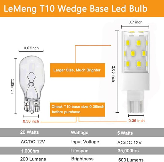 50watt T10 Wedge Base 921 LED Light Bulb 5W 500lm 6000K Daylight White 12VAC/DC for Outdoor Landscape Path, RV Camper Trailer Motorhome Marine Boat Lighting-6 Pack