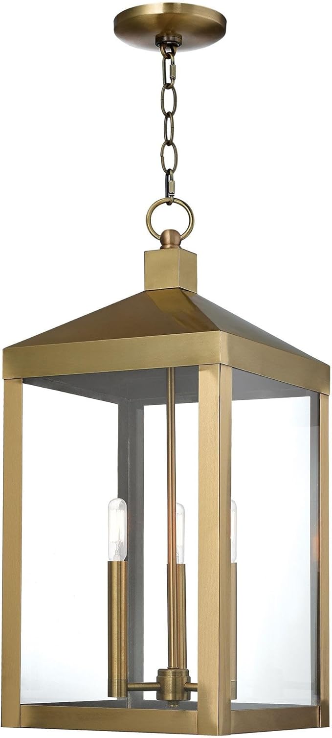 Livex Lighting Lantern 20587-01 Transitional Three Light Outdoor Pendant from Nyack Collection Finish, 10.50 inches, 24.00x10.50x10.50, Antique Brass