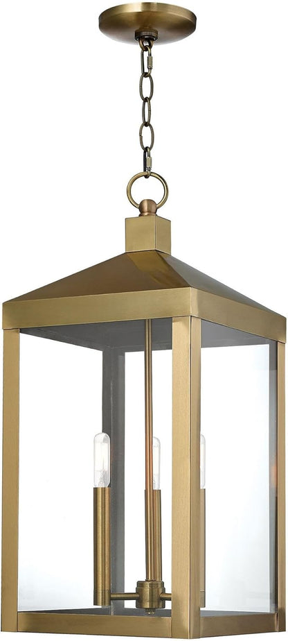Livex Lighting Lantern 20587-01 Transitional Three Light Outdoor Pendant from Nyack Collection Finish, 10.50 inches, 24.00x10.50x10.50, Antique Brass