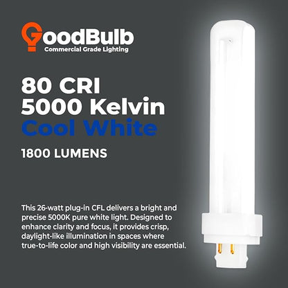 GoodBulb 26 Watt CFL Light Bulbs 4 Pin G24Q-3 Base 5000K Daylight 26W High Output 1800 Lumens Double Tube Compact Fluorescent Light Bulbs Plug-in 10 Pack