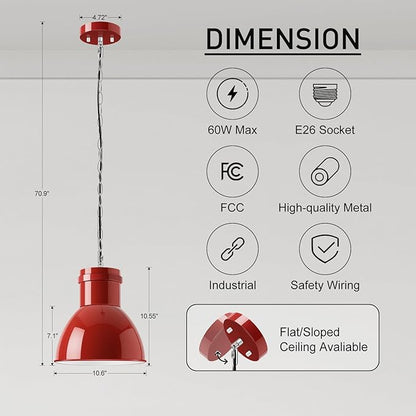 BoostArea Red Pendant Lights Kitchen Island, 10.6" Large Metal Shade and 71'' Adjustable Height, Mid Century Modern Pendant Light fixtures,Hanging Pendant Lighting for Christmas Decor/Lighting,No Bulb