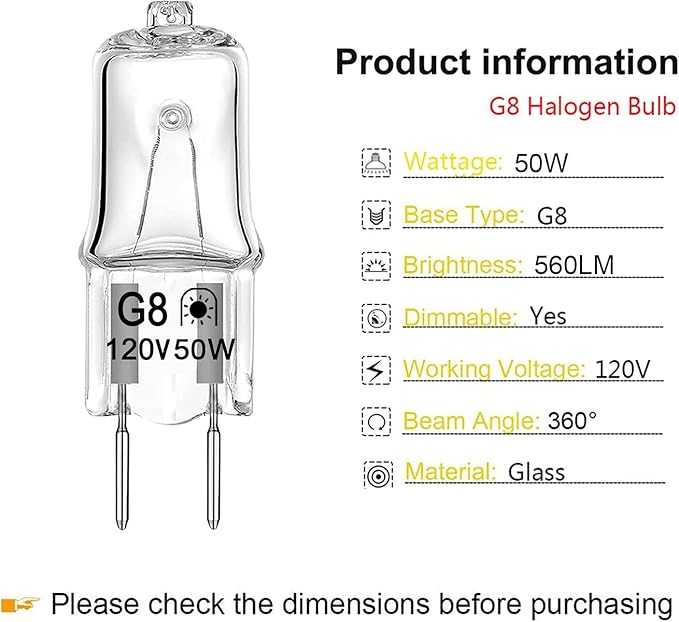 JCD G8 Halogen Light Bulb 50W 120V T4 Bi-Pin Base Dimmable - Warm White 2700K (12 Pack) for Kitchen Hood, Landscape, Desk & Floor Lamps, Wall Sconces