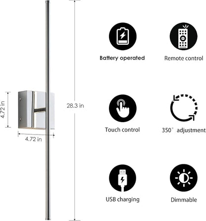 Battery Operated Wall Sconces with Remote Control, Dimmable Wall Sconces Set of Two, 350°Rotate, 3000K LED Chrome Wireless Wall Light for Living Room, Hallway, Bedroom, 28.3 Inch (2 Pack)