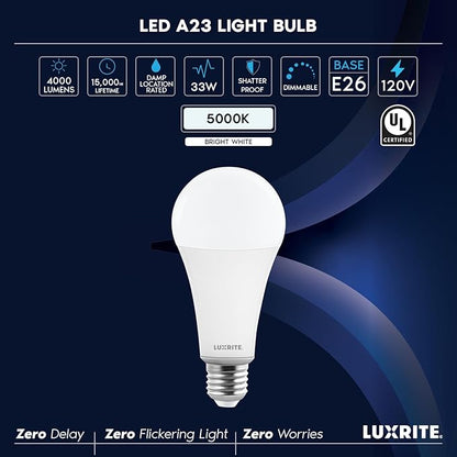 LUXRITE A23 LED Light Bulb, 33 Watt, E26 Base Bulb, 4000 Lumens, Dimmable, 5000K Bright White, 240° Beam Angle, CRI 80, 120V, Damp Rated, Shatter-Proof, UL Listed, Frosted (2 Pack)