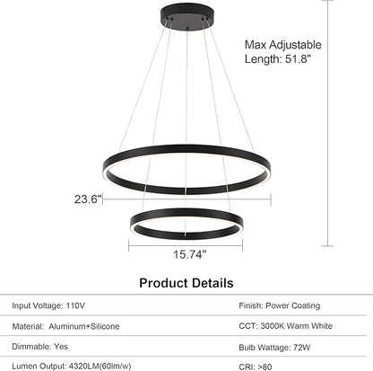 Modern Led Chandelier, 2 Rings Contemporary Chandelier Circular Pendant Light, Black Dimmable Hanging Ceiling Light Fixture for Living Dining Room