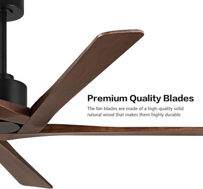 WINGBO 72" DC Ceiling Fan No Light with 3 Downrods, 5 Carved Solid Wood Blades, 6-Speed Reversible DC Motor, Large Ceiling Fan without Lights in Matte Black Finish with Walnut Blades