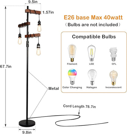 Airposta Industrial Floor Lamp, Farmhouse Tree 68 Inch 3 Lights Wood Standing Lamp, Sturdy Base Tall Vintage Metal Black Pole Light for Living Room Bedroom Office Rustic Home