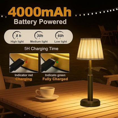 16'' Vintage Fabric Shade Rechargeable LED Table Lamp Touch Control Cordless USB Nightstand Lamp in Antique Brass with Stepless Dimming for Bedroom Dorm Living Room