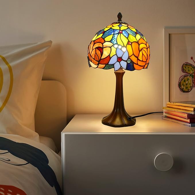 Tiffany Table Lamp Romantic Double-Color Roses Handmade Stained Glass Desk Lamps 8" Wide 15" Tall Vintage Reading Lamp for Office, Living Room, Bedroom, LED Bulb Included