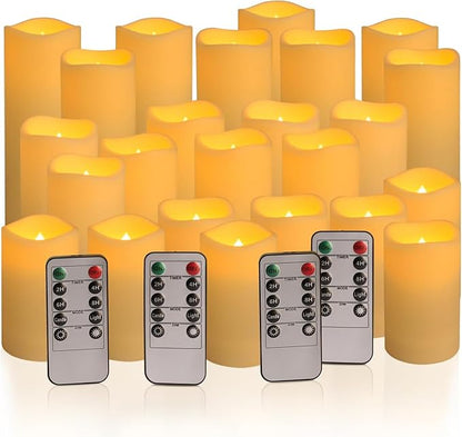 Set of 24 Waterproof Outdoor Flameless Candles, LED Candles with 4 Remote and Timer,(H 4" 5" 6" x D 2.2"),for Christmas,Halloween,Wedding,Festival