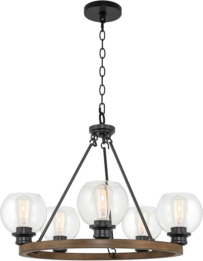 Kira Home Elwood 25" 5-Light Industrial Rustic Farmhouse Wagon Wheel Chandelier + Clear Glass Globe Shades, Smoked Birch Finish