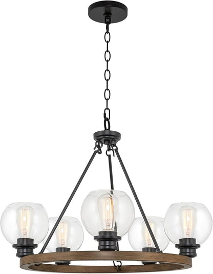 Kira Home Elwood 25" 5-Light Industrial Rustic Farmhouse Wagon Wheel Chandelier + Clear Glass Globe Shades, Smoked Birch Finish