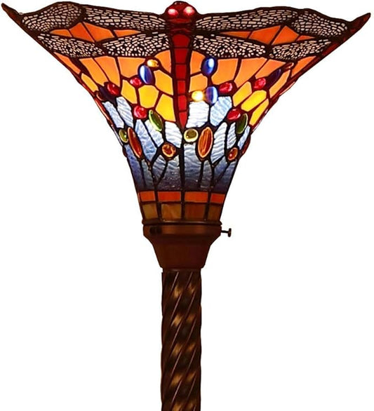 Bieye L10710 Dragonfly Tiffany Style Stained Glass Torchiere Floor Lamp with 13 Inch Wide Handmade Lampshade Metal Base for Dark Corner Living Room Bedroom, Orange Blue, 70 inch Tall